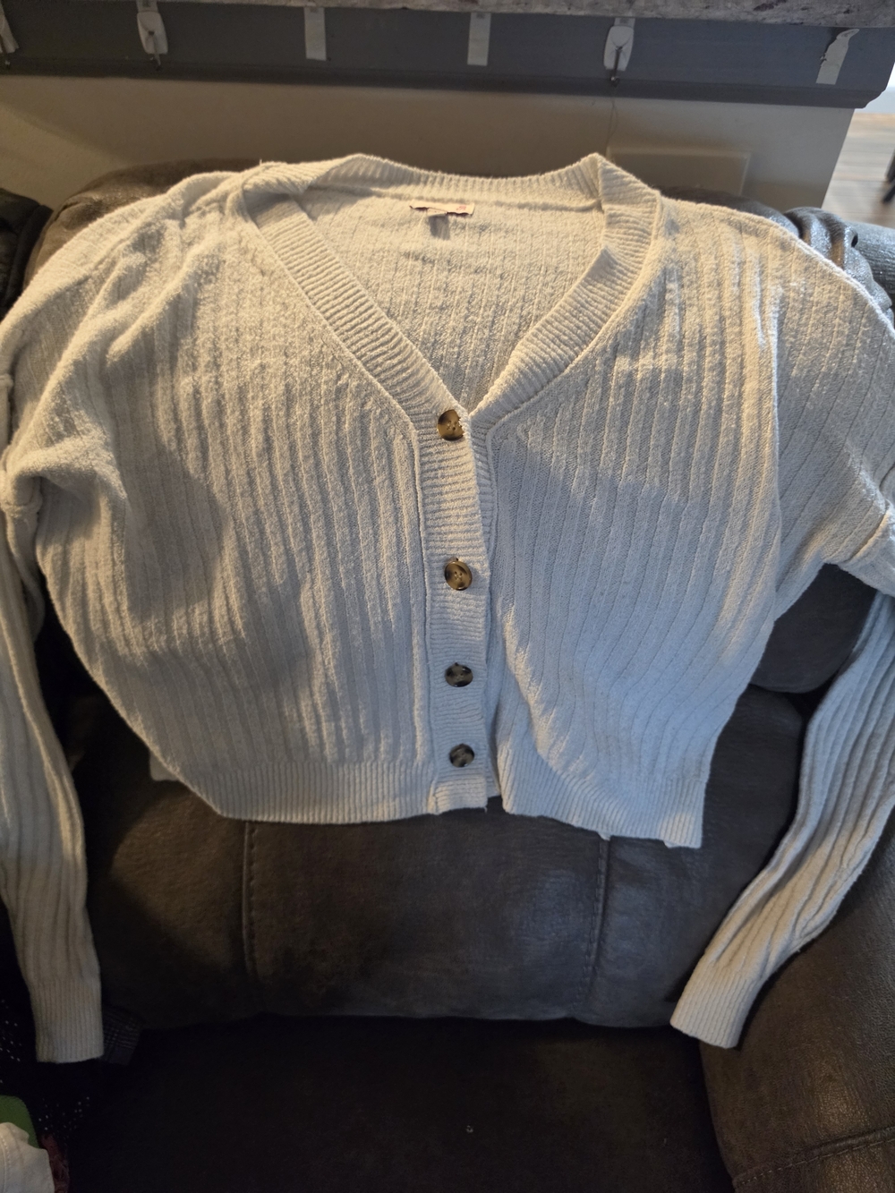 White Ribbed V-Neck Button-Front Women's Sweater Cardigan